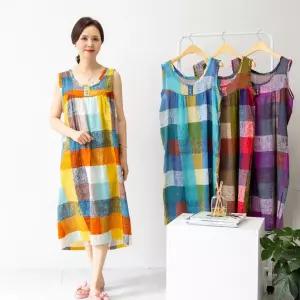 마미소 색동 체크 원피스 국내생산 면100 나시 홈드레스 엄마 할머니 빅사이즈 40 60 마담 중년 여성 옷