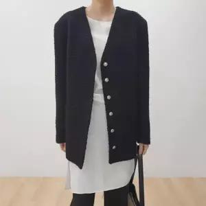 [하프클럽/헤이데이즈]1254 울 오버핏 트위드 자켓 (아이보리 블랙) 노카라 브이넥 롱