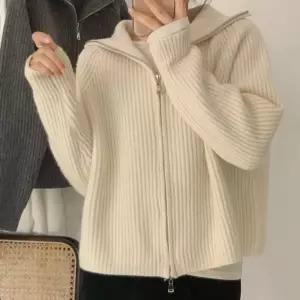 여성 베이직 하이넥 카라 심플 골지 니트 집업