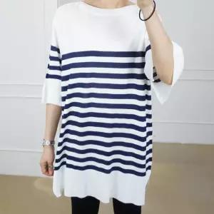 여성 롱 7부 스트라이프 니트 트임 티셔츠 빅사이즈 여름 반팔 이즈여자
