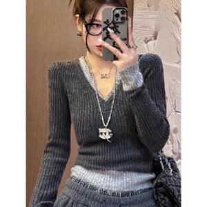 가을 겨울 브이넥 니트 스웨터 여성 슬림핏 풀오버 탑 트렌디 다용도 레이지 스타일 투피스 세트