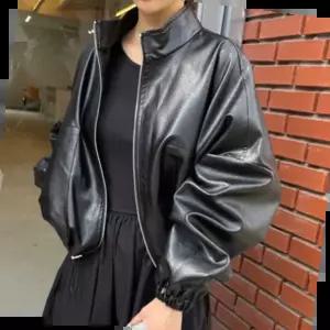 오버핏 레더 라이더 벌룬 자켓 밑단스트링 투웨이지퍼