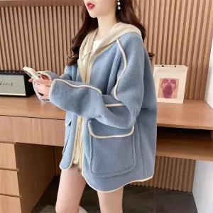 무스탕 자켓 배색 후드 뽀글이 플리스 후드집업 박시핏