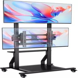 이지즈 롤링 듀얼 TV 스탠드 수납 및 잠금 휠이 있는 32-55인치 2대용 모바일 카트 틸트 마운트가 높이
