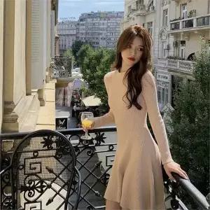 [오노마] ONM 여성 로맨틱 라운드넥 A라인 플레어 골지니트 원피스 (S8413464)