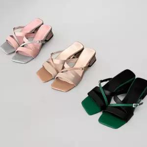 여성용 일상용 사각코 트위스트 끈 뮬 저굽 샌들