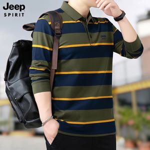 JEEP SPIRIT 가을 캐주얼 남자 긴팔 자수 스트라이프 티셔츠