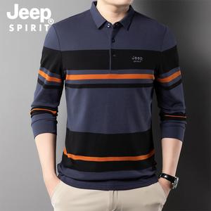 JEEP SPIRIT 순면 스트라이프 긴팔 티셔츠 남성 봄 가을 신상품 상의 캐주얼
