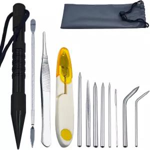 12피스 파라코드 FID 도구 키트 스테인리스 스틸 말린스파이크 및 로프용 레이스 바늘 가죽 팔찌 블랙