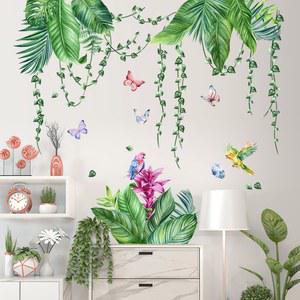 녹색 식물에 붉은 꽃 벽 스티커 어린이 침실 벽지 아기 장식 정글 방 벽화 동물