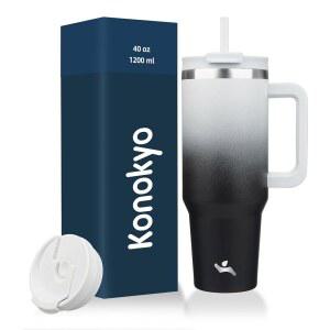[미국배송] 손잡이가 달린 코노쿄 40온스 텀블러와 빨대 2개 뚜껑이 있는 보온 물병 스테인리스 여행용 커피 머그잔