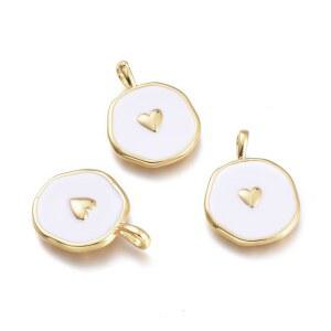 [포르르] danlingjewelry10pcs 화이트 하트 참과 브라스 에나멜 참이 포함된 평평한 원형 보석 제작 팔찌 귀걸이 목걸이