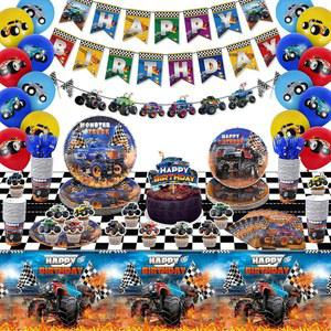 몬스터 트럭 생일 장식 용품, 컵, 식탁보, 손님, 냅킨, 기계 파티 접시, 남아용 잼 식기류, 포함, 배너, 24명의 포크