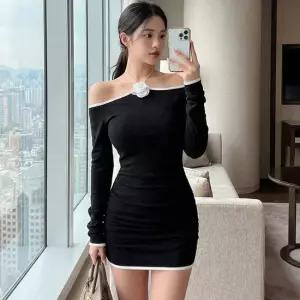 여자 바디콘 오프숄더 셔링 긴팔 미니원피스