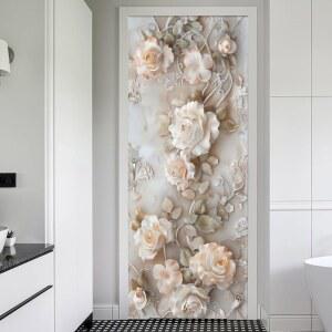 레다맨시 모던 아이보리 핑크 화이트 로즈 플로럴 필 앤 스틱 도어 스티커 비닐 벽화 데칼 장식 벽지 셀프 접착, 방수, 탈부착 가능