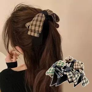 예쁜 체크 패턴 리본 포니테일 여자 헤어 바나나핀