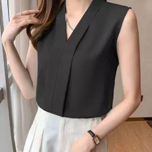 민소매 블라우스 세련 정장룩 브이넥카라 직장인 벌룬소매 꽃무늬