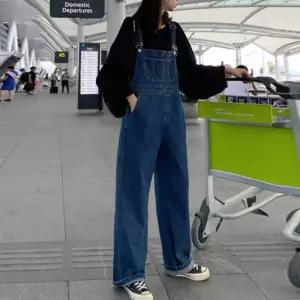 여자 귀여운 진청 멜빵 바지 패션 와이드 데님 팬츠 오버롤 점프수트