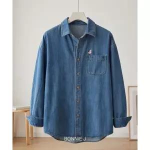 [하프클럽/]BONNIE J 여리 루즈핏 자수 포인트 워싱 코튼 데님 셔츠 청남방