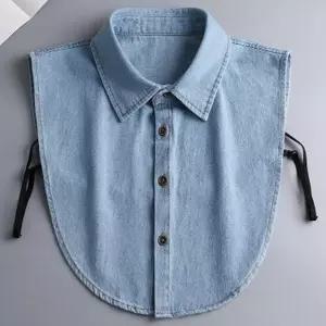 데님 셔츠 페이크 레이어드 카라 브이넥 라운드넥 케이프