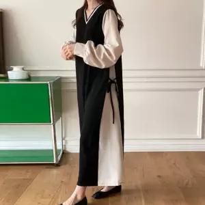 브이넥 리본 끈 루즈핏 롱 원피스 배색 빅사이즈 데일리 임부복 a752