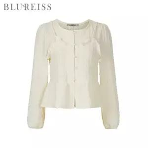 [블루레이스] 프릴 뷔스티에 엠보 블라우스_B6S1BL5171