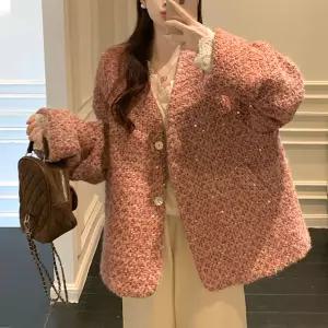 오버핏 빅사이즈 러블리 스팽글 트위드 자켓 겨울아우터 노카라 누빔 연말룩 격식룩