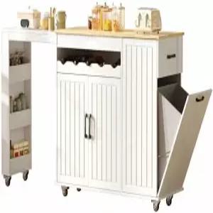 확장 가능한 식탁 숨겨진 쓰레기통 보관함 바퀴 달린 이동식 아일랜드 카트 2인용 저장 공간 고무나무 상판