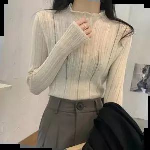 시스루 세미 물결 터틀넥 골지니트 슬림핏 데일리룩