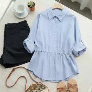 [옷자락] 여성 심플 봄 여름 쿨 스트링 기본 셔츠