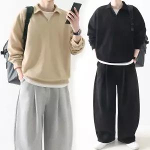 [지지블랙][1+1] 에든 소프트 오버핏 오픈 카라 골지 니트 맨투맨 티셔츠 빅사이즈 ZZBKN055