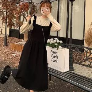 멜빵원피스 봄 가을 A라인 플레어 블랙 멜빵 하객 롱원피스