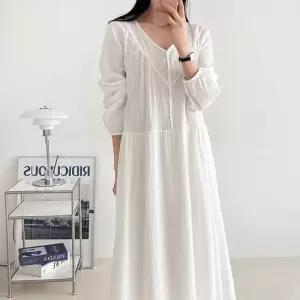 여자 봄 줄무늬 버튼 브이 퍼프 박시핏 면 롱원피스