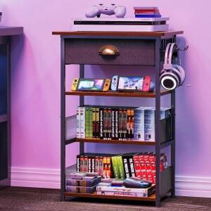 서랍이 있는 홍타모야 4단 AV 미디어 스탠드, 2개의 후크가 비디오 게임 콘솔 선반, 오디오 랙 타워, /Xbox / PS5 스위치 DVD 레코드 플레이어 프로젝터 스카이 박스 TV 액세서리