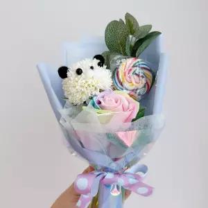 롤리팝 폼폼 팬더 캐릭터꽃다발+메세지스티커 막대사탕 어린이집 유치원 초등 중등 입학 졸업 수료 꽃다발