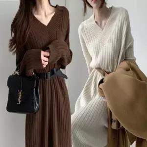 여성 왕골지 V넥 포근 니트 롱 원피스 벨트 포함 (KYR-WD1F60F)