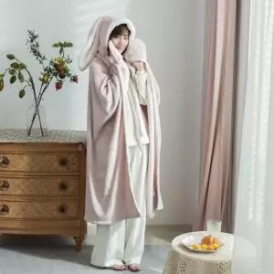입는 핑크 양털 극세사양털 극세사 극세사망토 토끼 토끼후드 휴대용 따스요 망토 무릎 후드