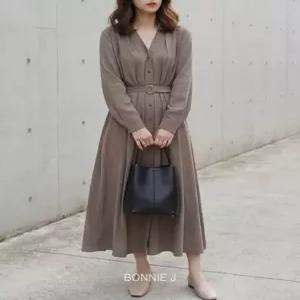 [보니제이]간절기 브이넥 벨티드 원피스 플레어 하객룩 A라인 허