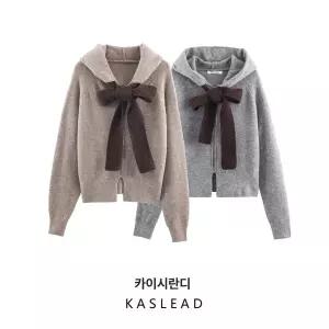 후드니트 집업 루즈핏 L 캐주얼 가디건 리본 스웨터