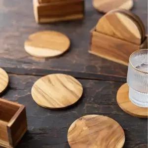 나무코스터 티크나무 컵받침 정리대 포함 우드 코스터 5p 세트