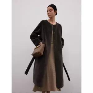 리얼 양털 코트 롱 시어링 퍼 라운드 후리스 커피브라운 울