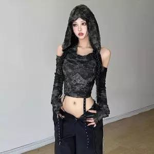 힙퍼베르티 후드 트임 긴팔 크롭 프린팅 데미지 끈 빈티지 포인트 데미지 유니크 어깨트임 슬림티 힙스타일