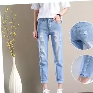 데님 하이 팬츠 여자 9부 연청 워싱 진청 청바지 웨스트 찢어진