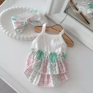 [반려] 강아지 2단 스카프 민소매 1P 원피스 세트 체크 민트