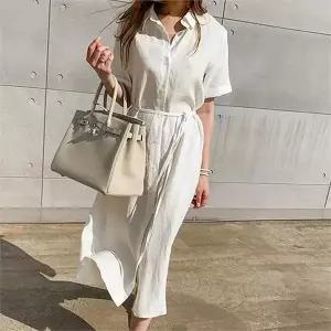 [오노마] ONM 린넨 허리끈 카라 롤업 반팔 루즈핏 셔츠 롱원피스 (S8760108)