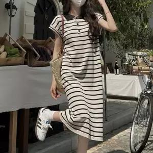 스트라이프 패턴 롱 카라 여성 원피스