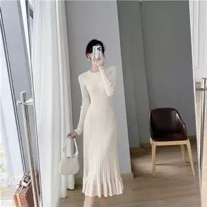 니트 골지 레이스 포인트 여성 롱 드레스