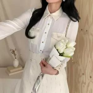 [하프클럽/]여성용 더블포켓 시폰 콩단추 배색카라 하객룩