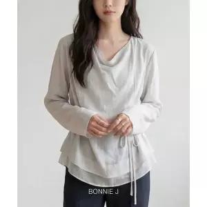 [하프클럽/] 드레이프 스트링 셔츠 블라우스 긴팔 레이어드 시스루 허리끈