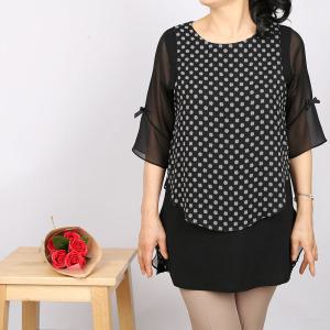 노브패리스 BRO471땡땡 옆날개 앞뒤쉬폰 리본 블라우스 66~110 뱃살커버 엄마 중년여성